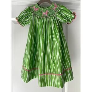 Classic Whimsy Smocked Pink Poodles Green and White Striped Dress 24 Mos EUC
